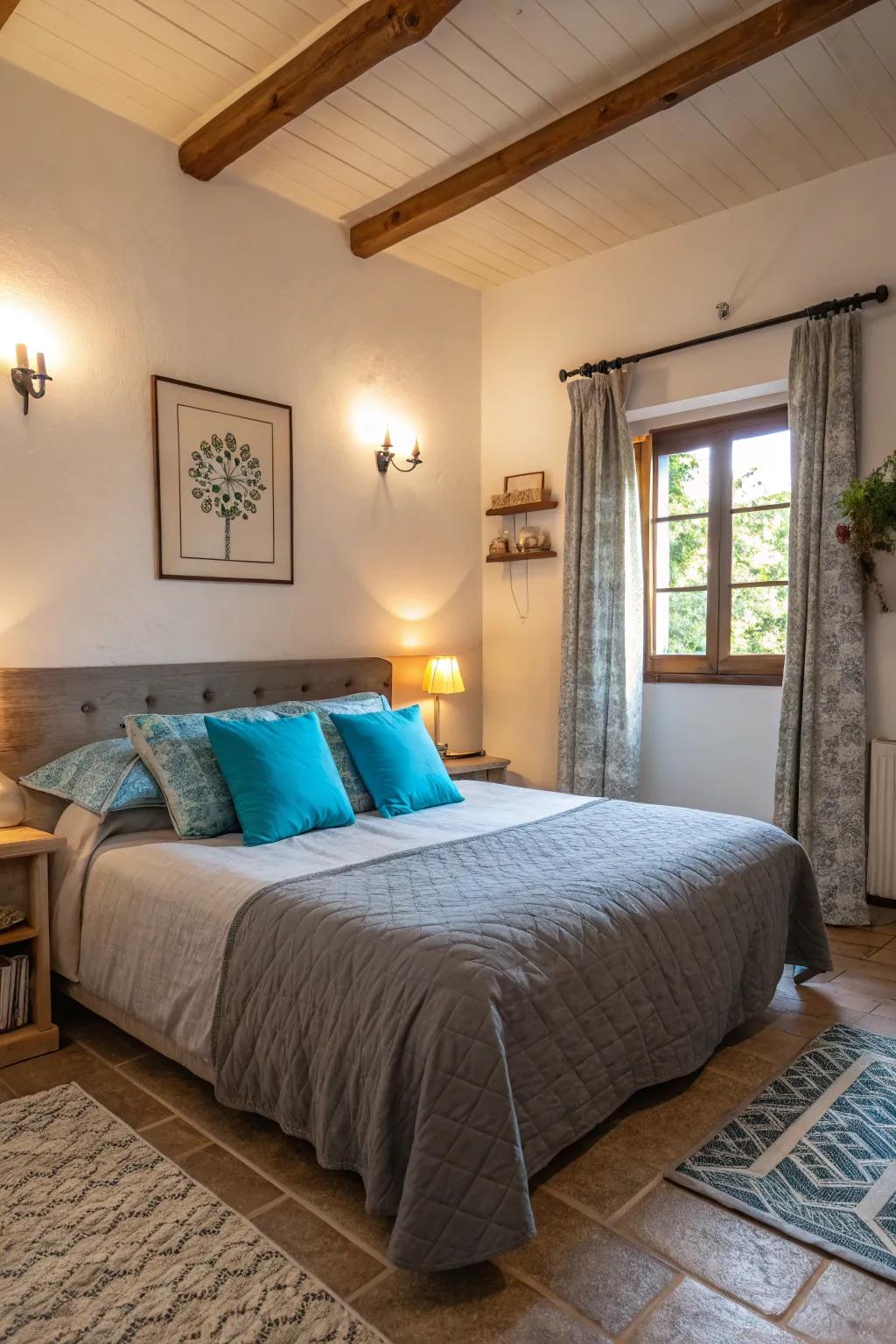 Brighten up your bedroom with lively blue pillows on grey linens.