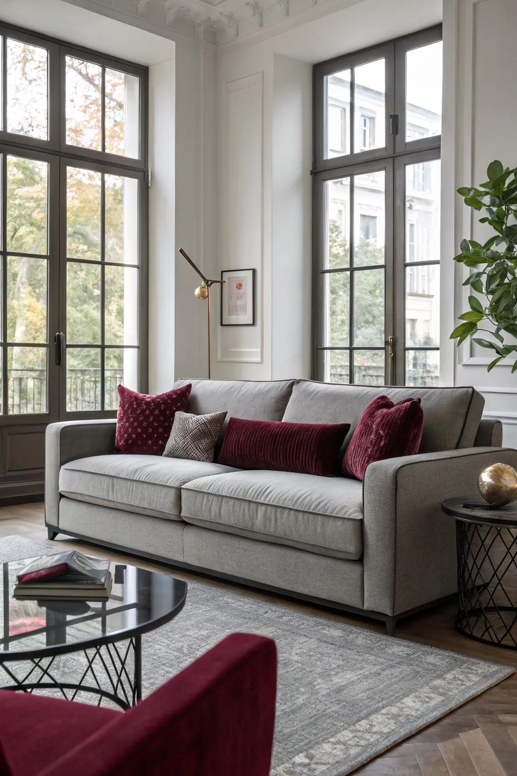 Fashionable grey sofa, coupled with deep red pillows to showcase a stylish living area.