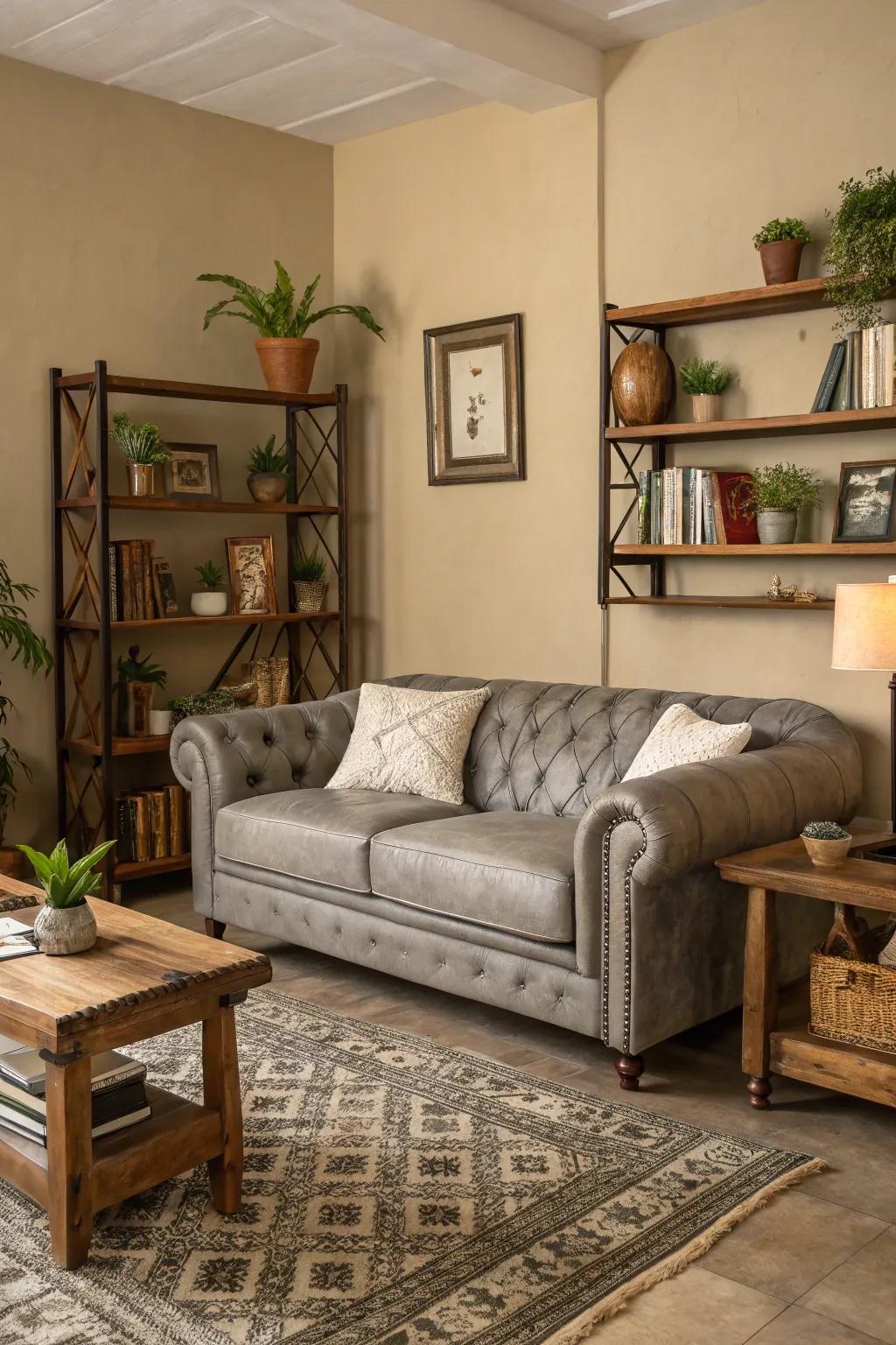 A serene living room featuring a grey leather sofa and earthy color accents.