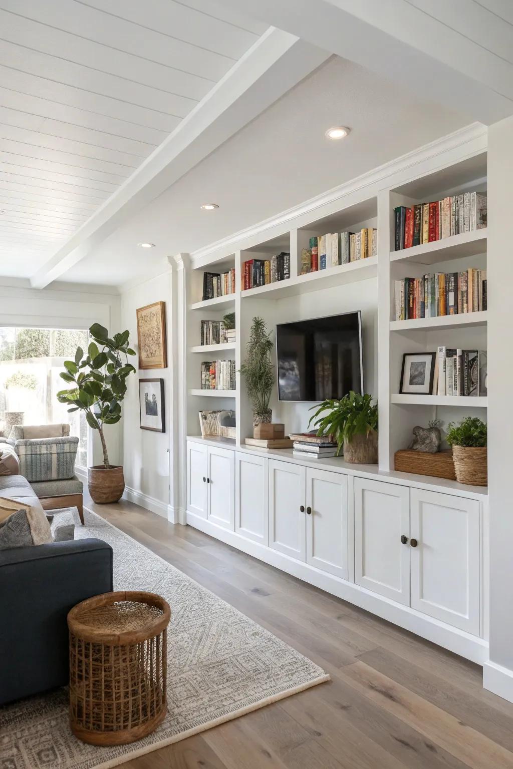 A half wall enhanced with integrated shelving offers chic storage solutions.