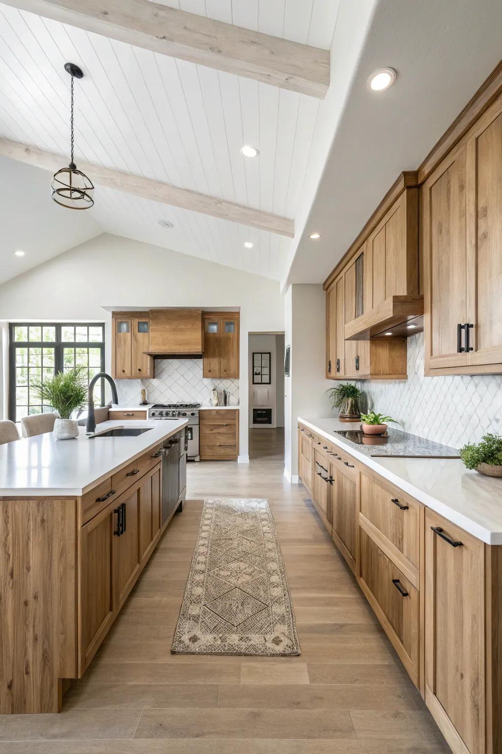 An open-concept kitchen amplifies the magnificence of hickory cabinets.