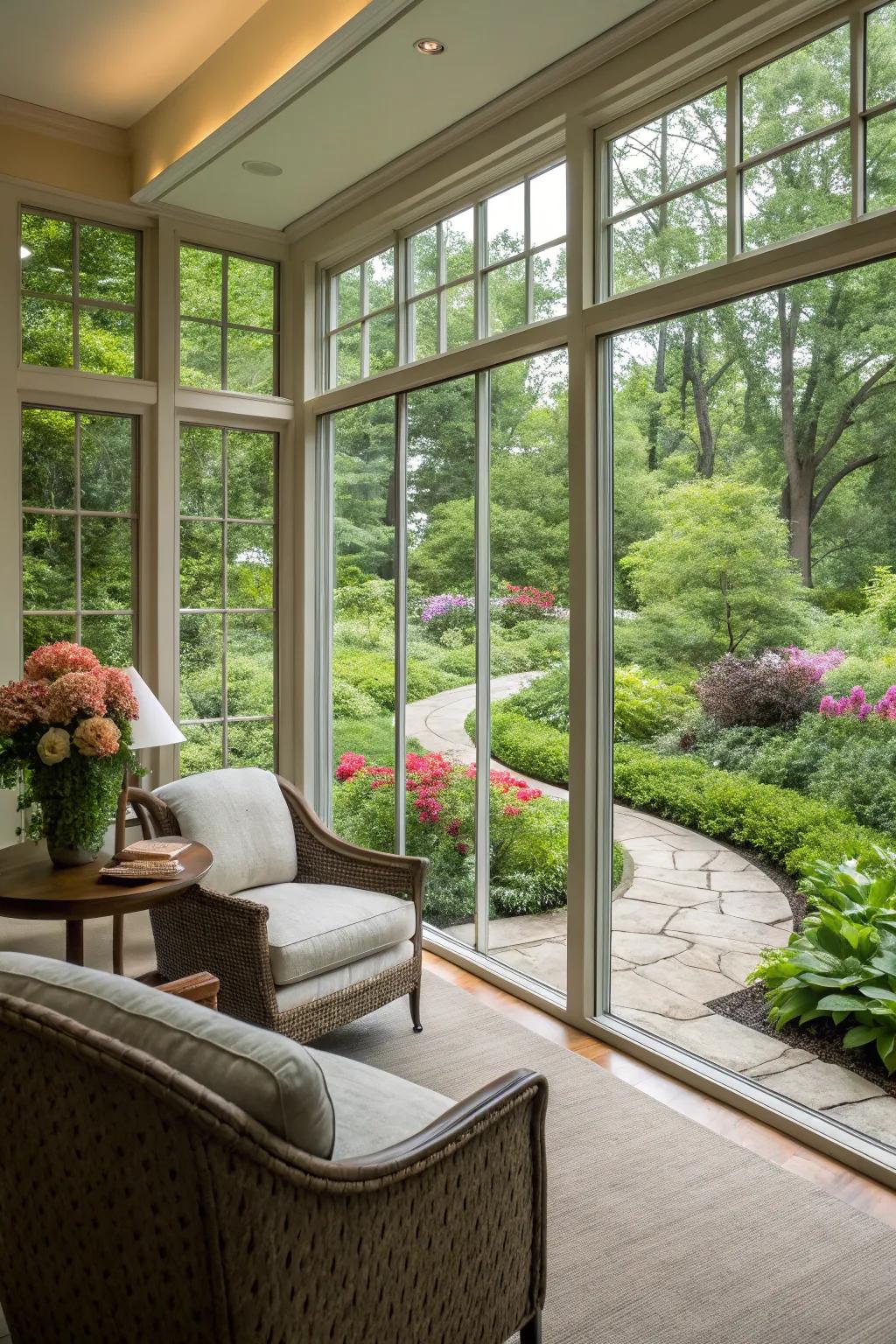 A sun-filled room with large windows that blend the interior and exterior spaces.