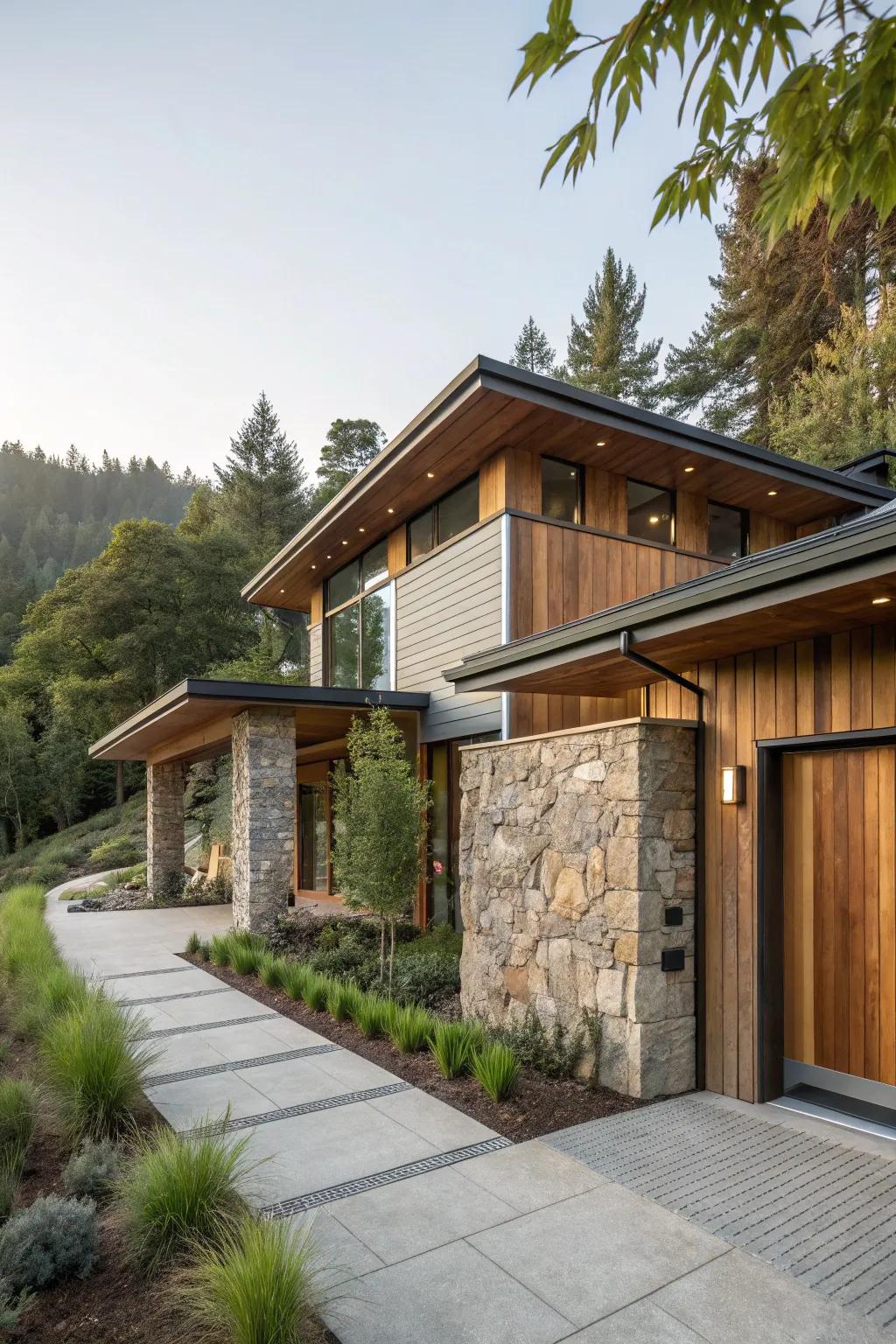 A modern house exterior beautifully integrating natural materials.