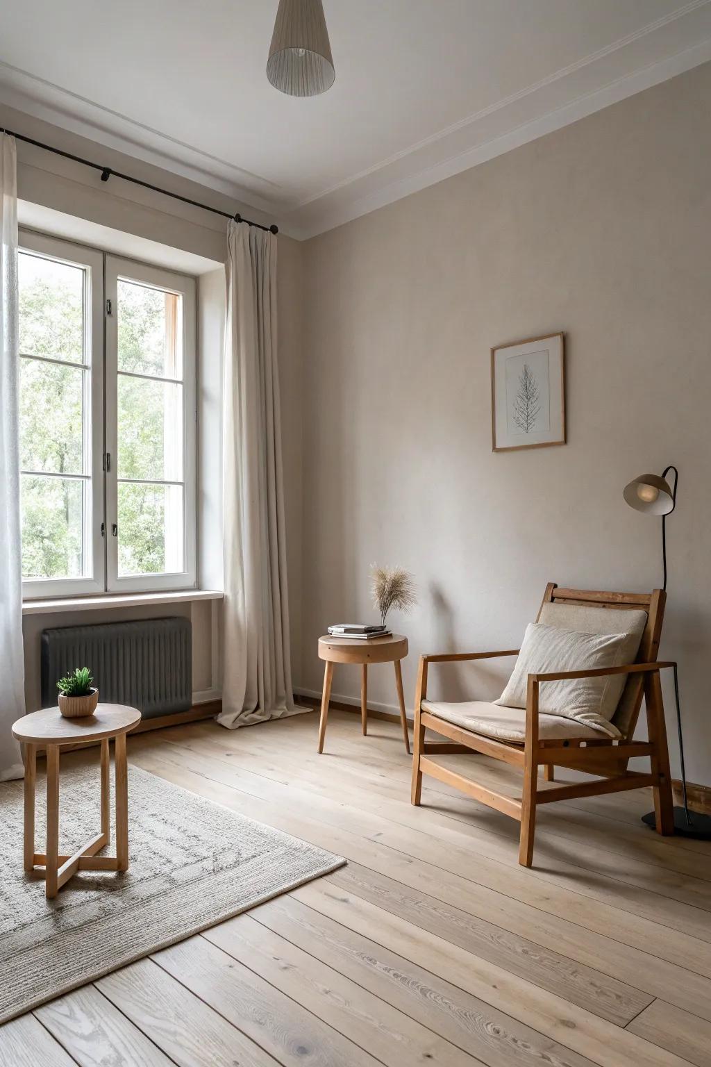 A minimalist room that is emphasized by the simplicity of pale wood floors.