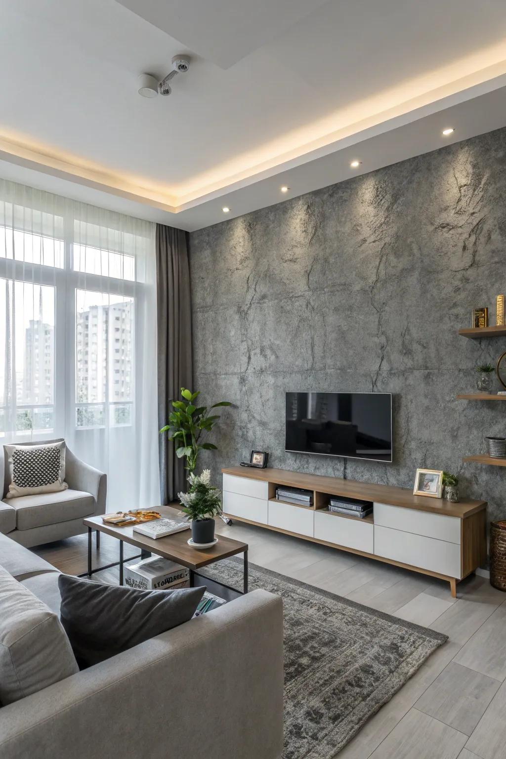 A textured gray wall brings depth and elegance to this modern living space.