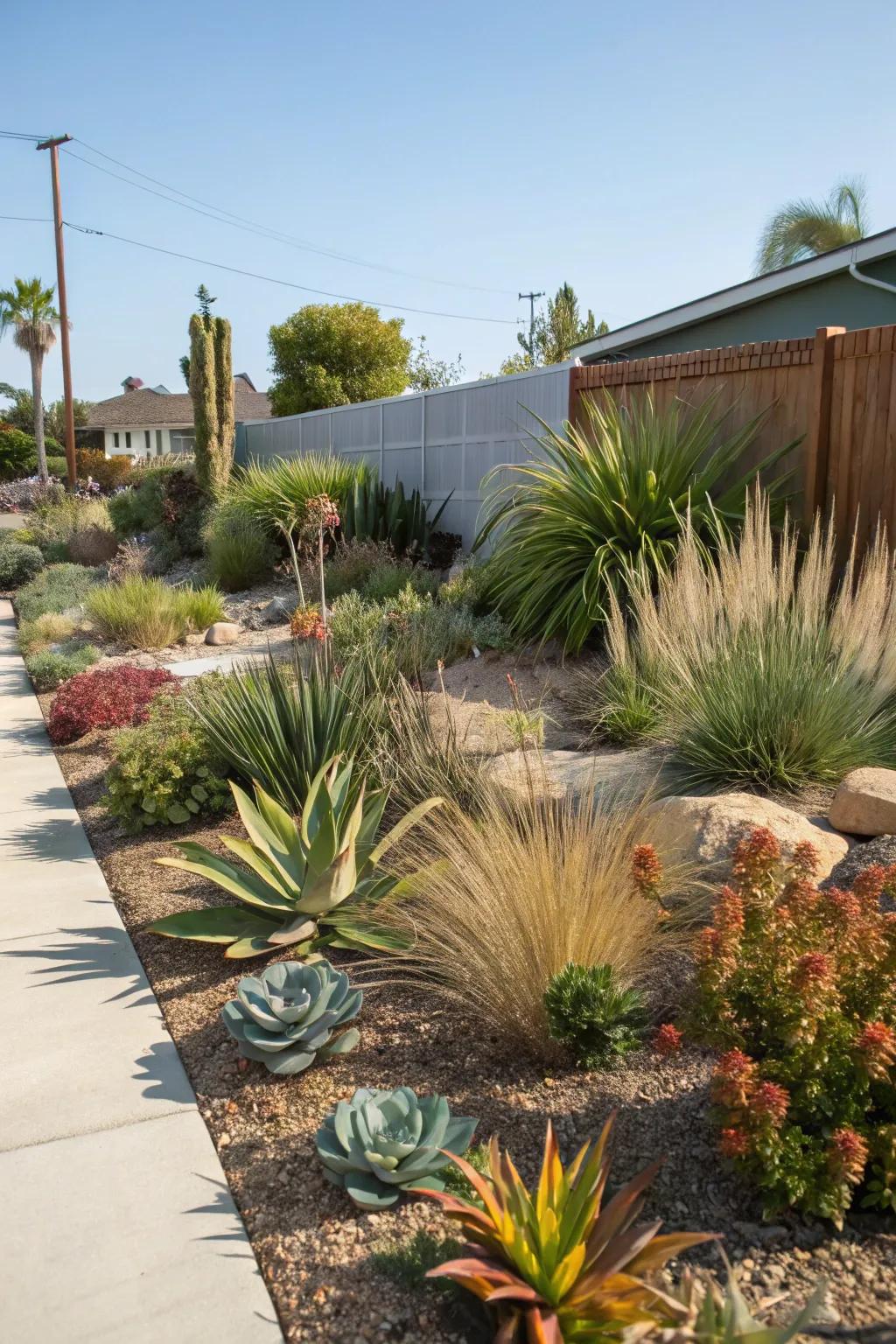 A front garden showcasing various sun-loving plants, delivering texture and ease of care.