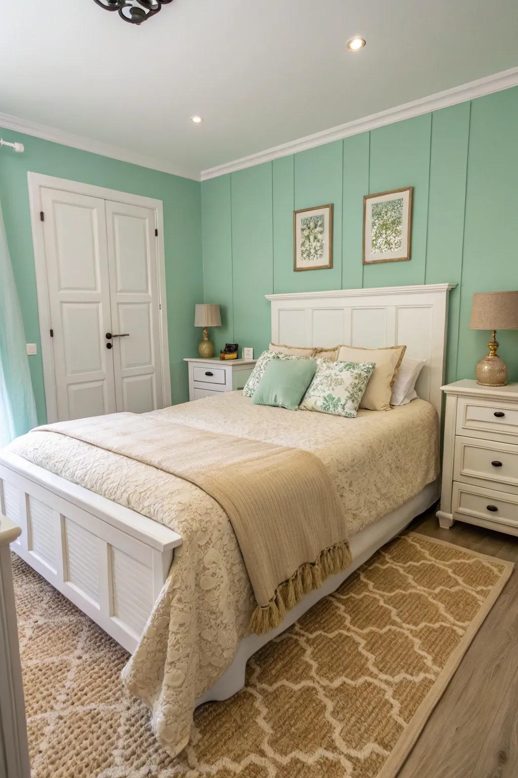 A cutting-edge bedroom featuring soft jade walls enhanced by understated features.