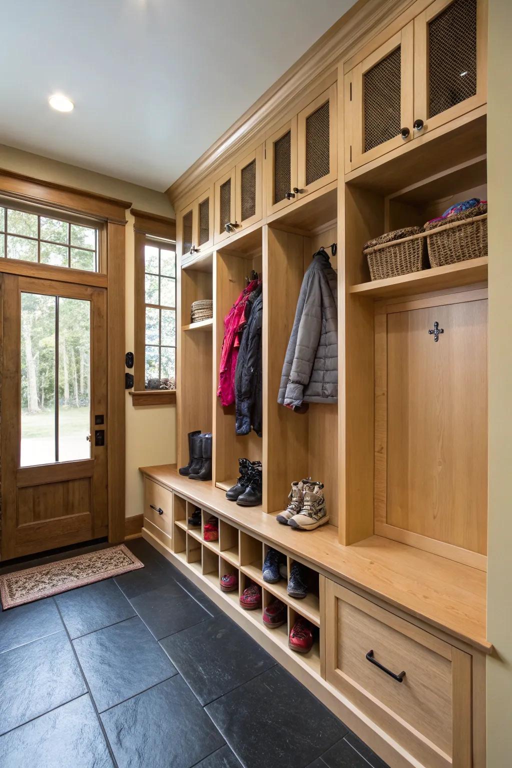 Custom cabinets and cubbies create a space for everything, keeping your mudroom in impeccable order.