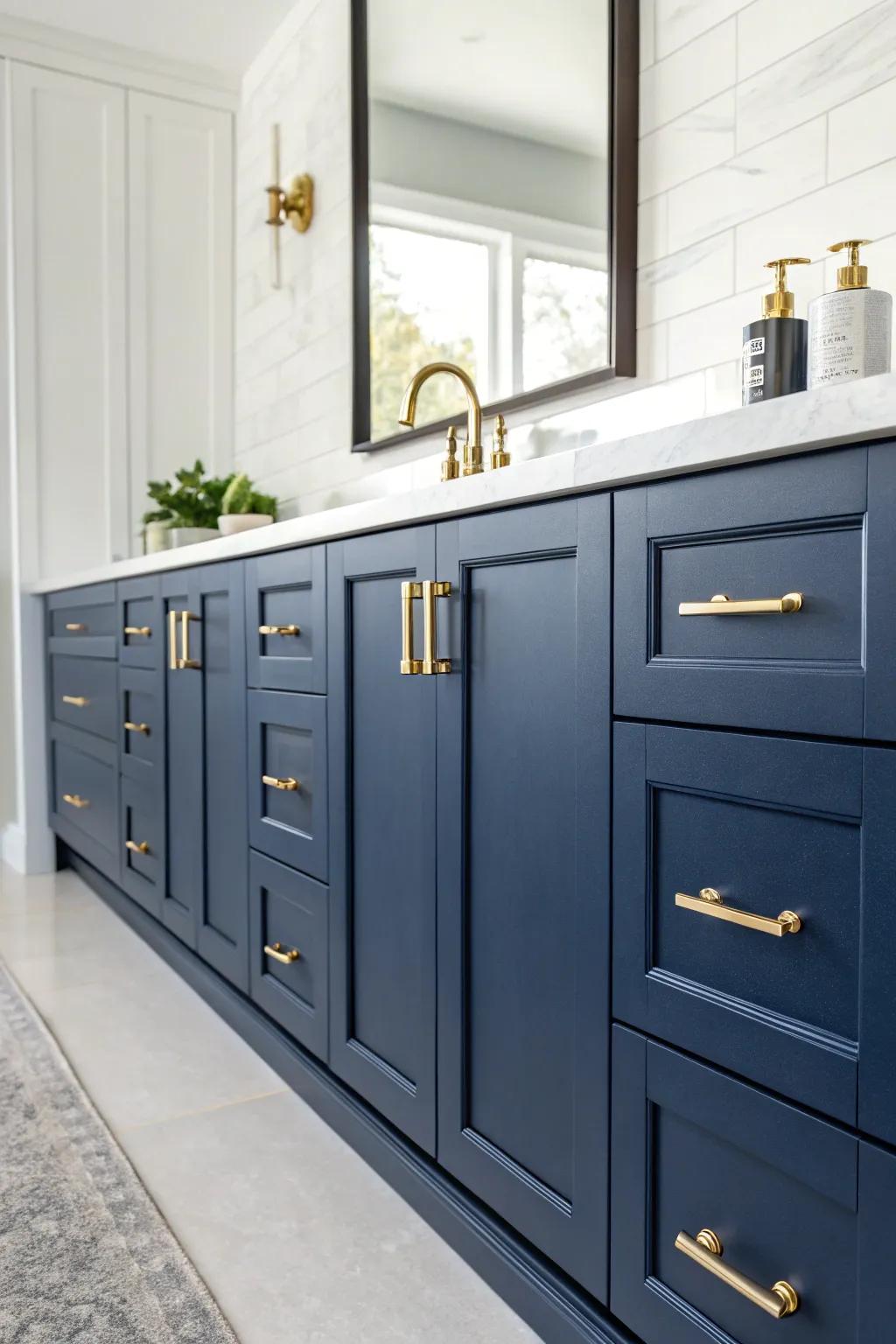 Bronzed hardware provides warmth and sophistication to marine blue cabinetry.