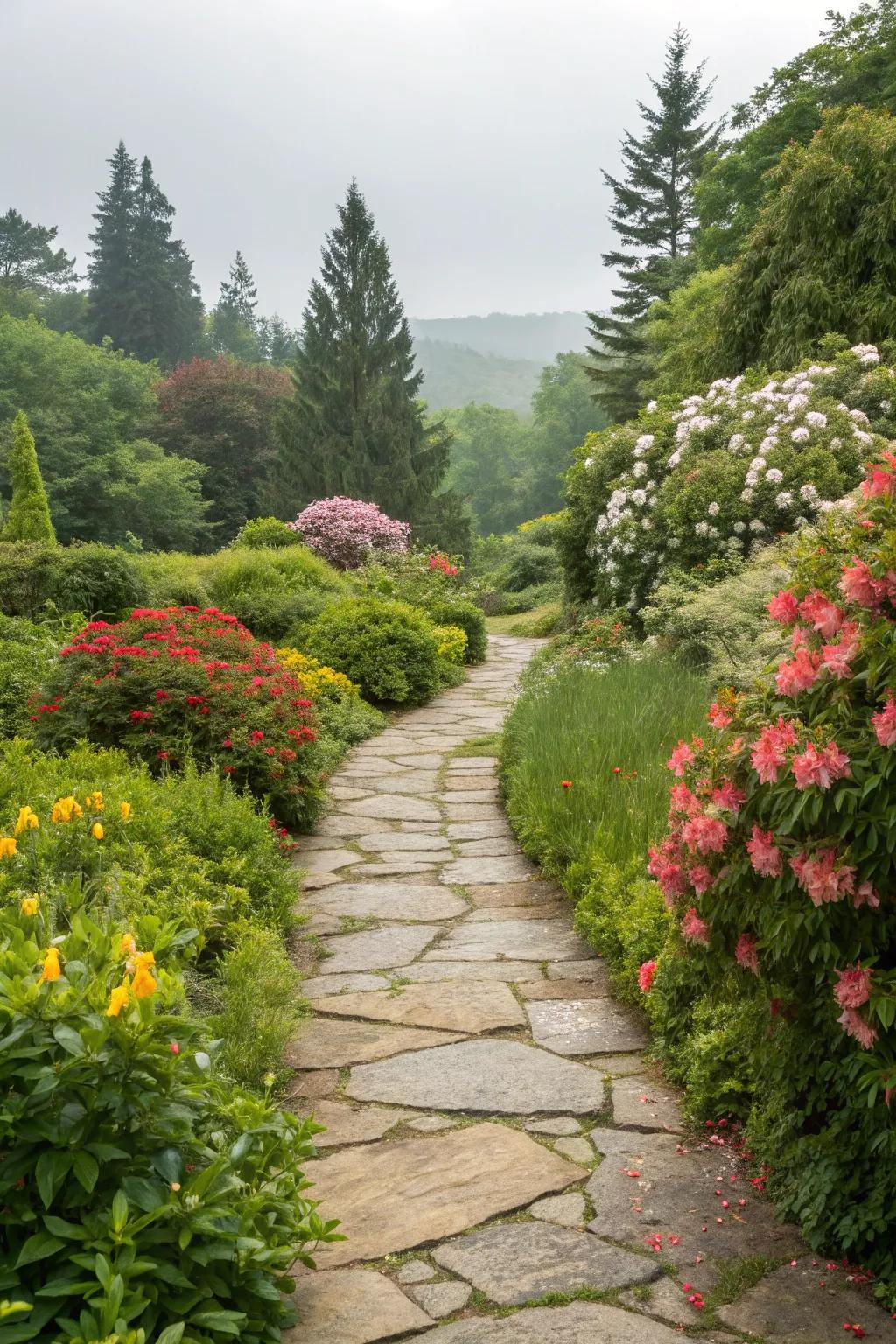 A peaceful garden walkway created from ecological stone, blending harmoniously with the surrounding foliage.