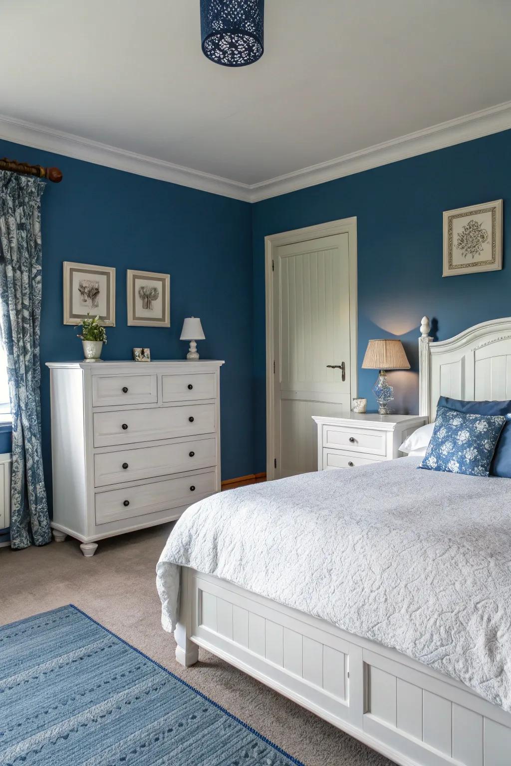 Ivory furnishings beautifully contrast with the sapphire walls, injecting a revitalizing touch.