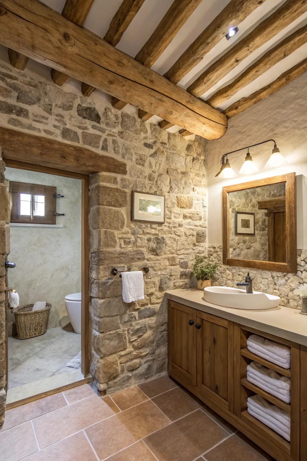 A slate stone accent wall introduces both texture and profound character to the rustic design.
