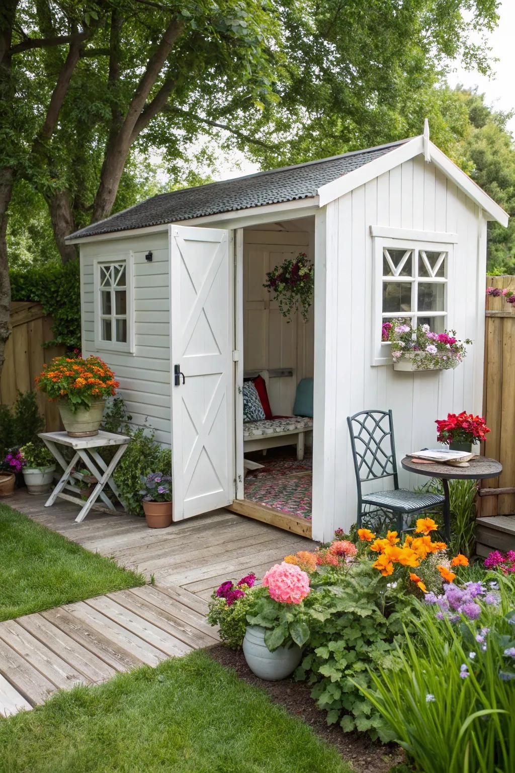 A pristine white shed, a beacon of modern elegance in the garden.