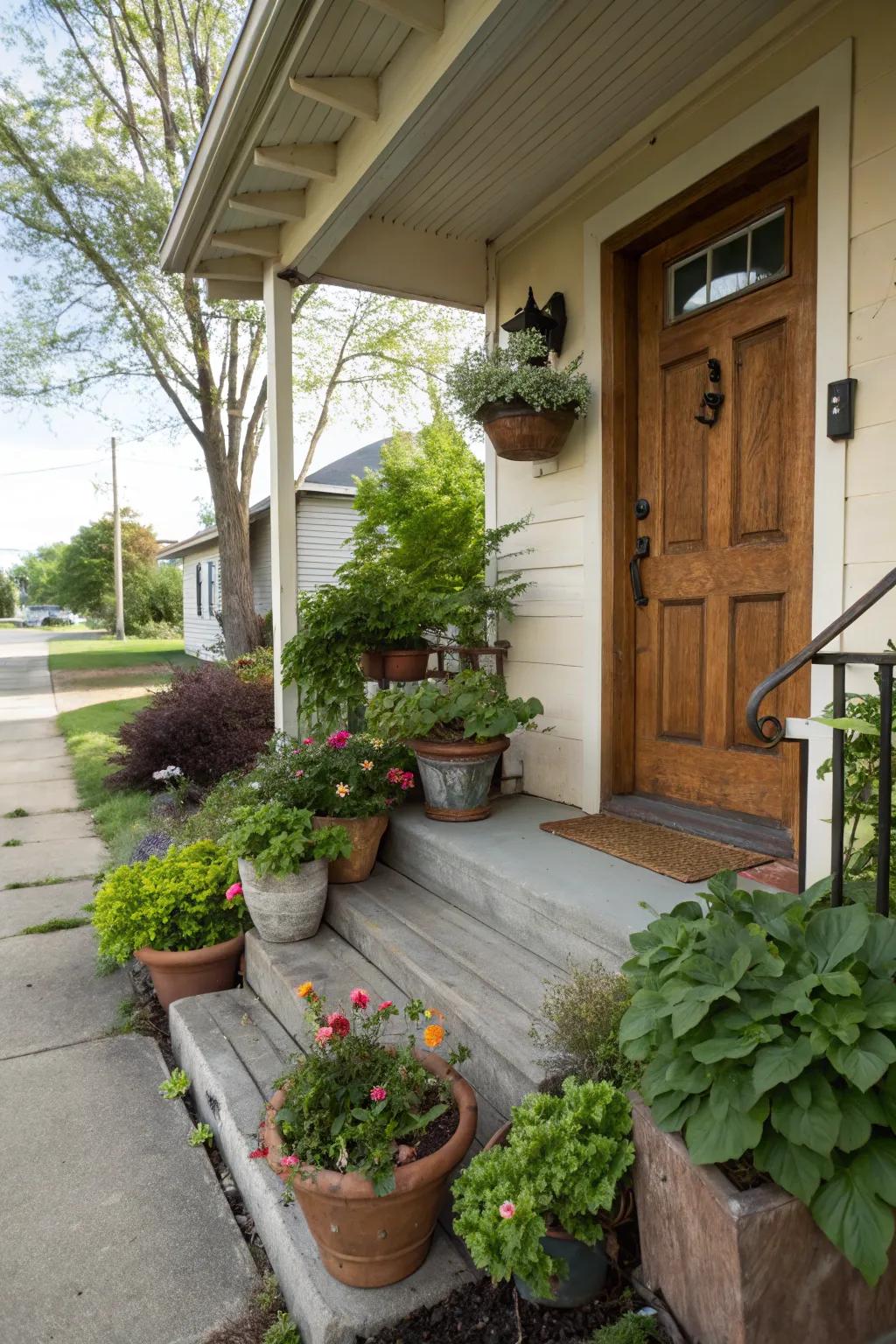 A small front porch beautifully adorned with an array of potted plants for a touch of nature.