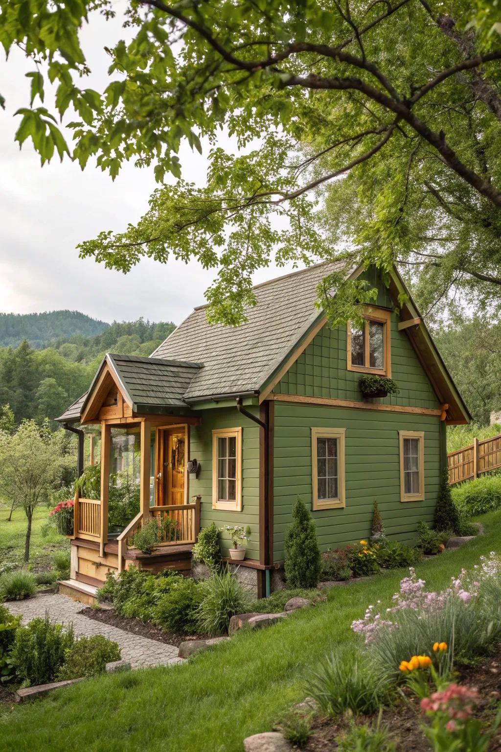 Earthy greens and wood details produce an organic, welcoming vibe.