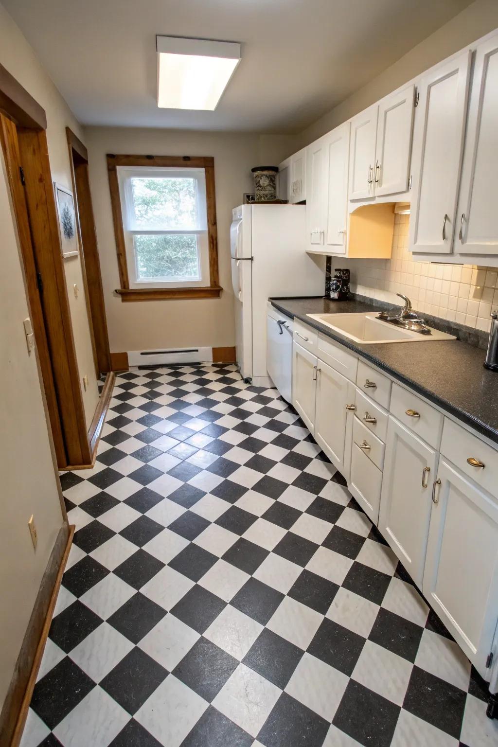 Checkerboard floor coverings in a small kitchen
