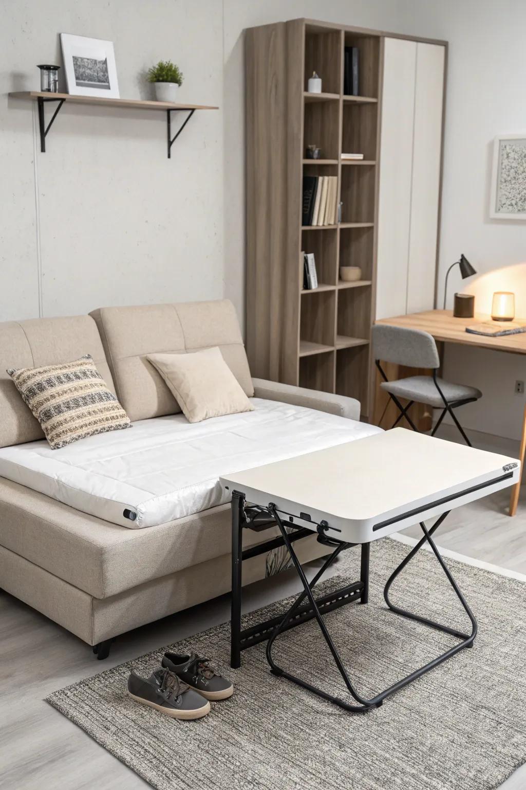 A studio apartment featuring minimalist furniture with a chic sofa bed and extendable table.