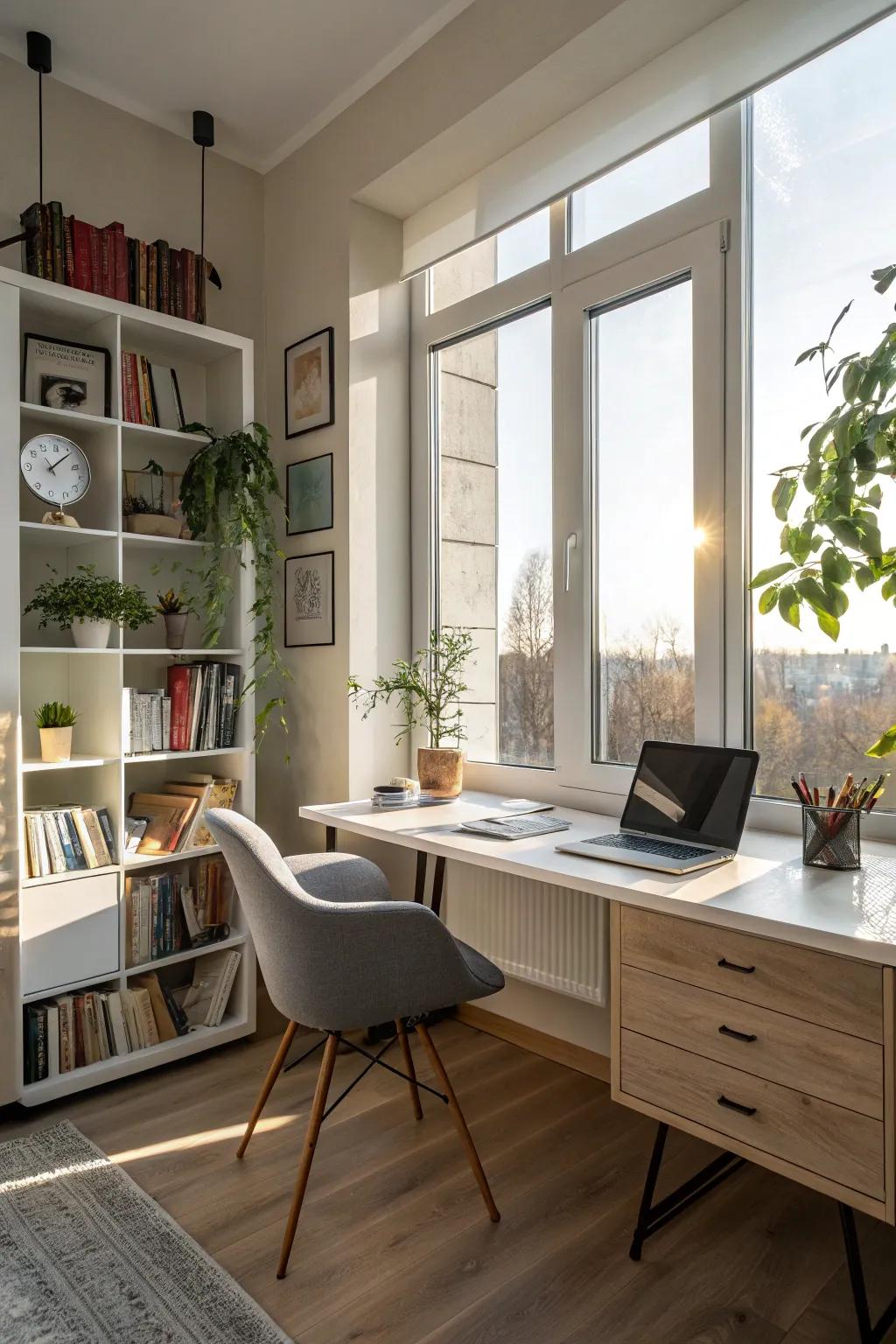 A study room flooded with natural light, radiating a vibrant and energetic atmosphere.