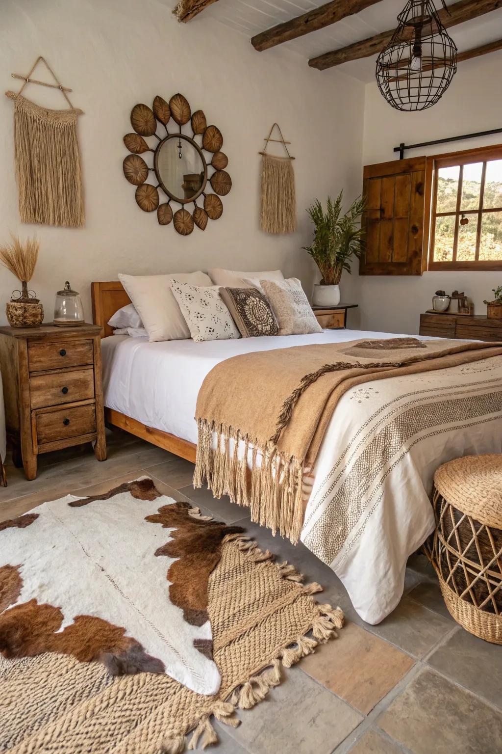 Countryside decor items like animal skin coverings convey the spirit of the west to your bedroom.