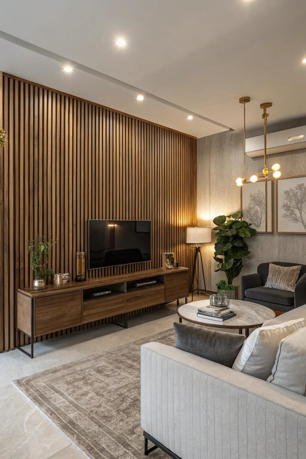 Enhance your living space with a standing timber panel wall that introduces height and sophistication.