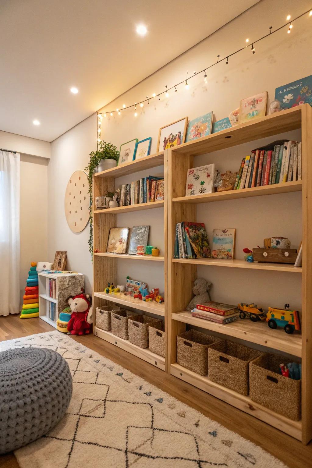 Low shelves ensure playthings and books are accessible.