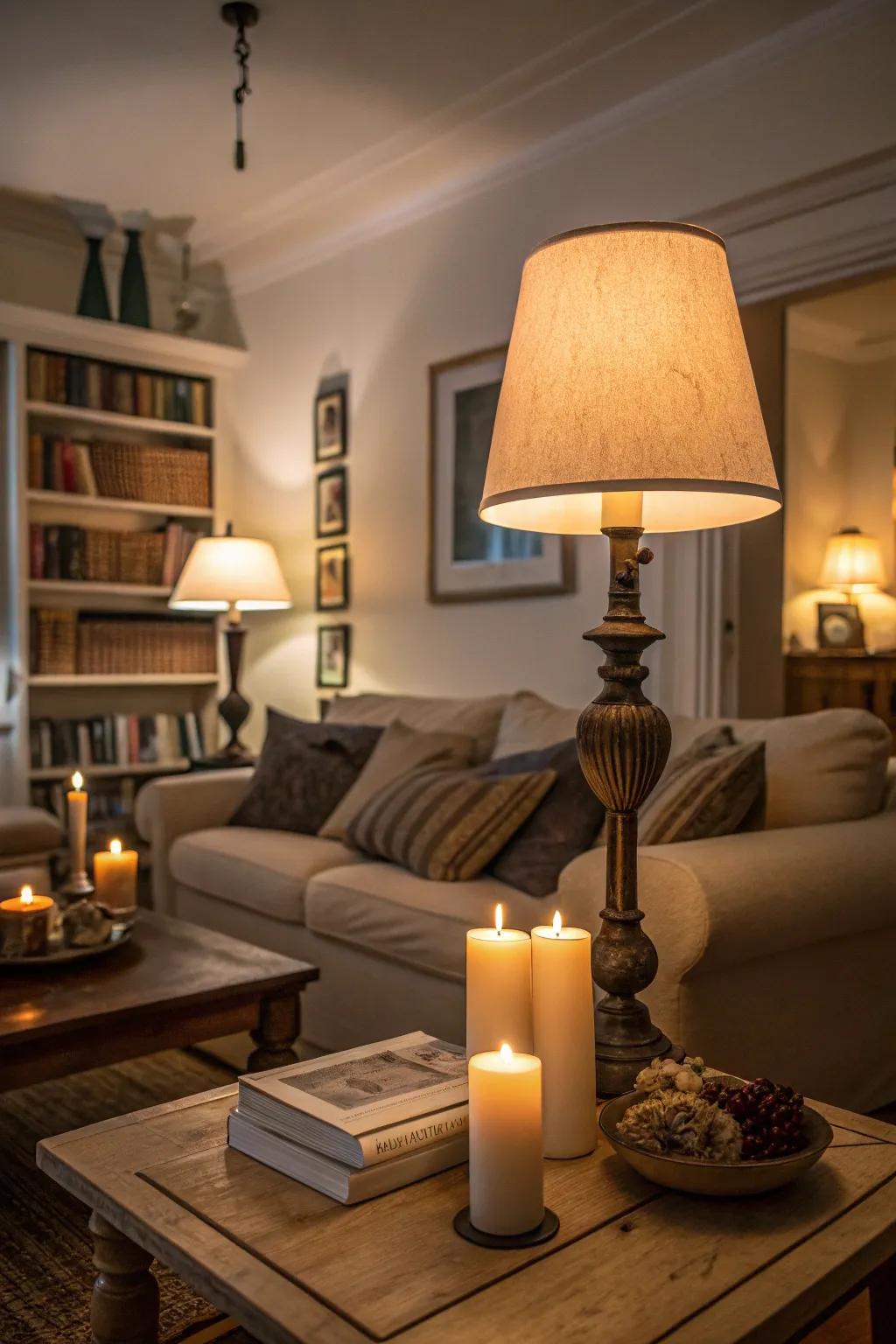 Warm lighting from dimmable lamps and candles in a moody living room.