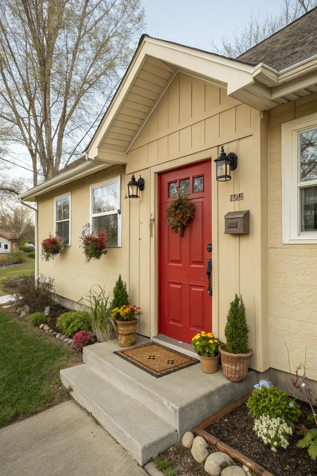 A crimson front door incorporates a dash of hue and individuality to a beige house.