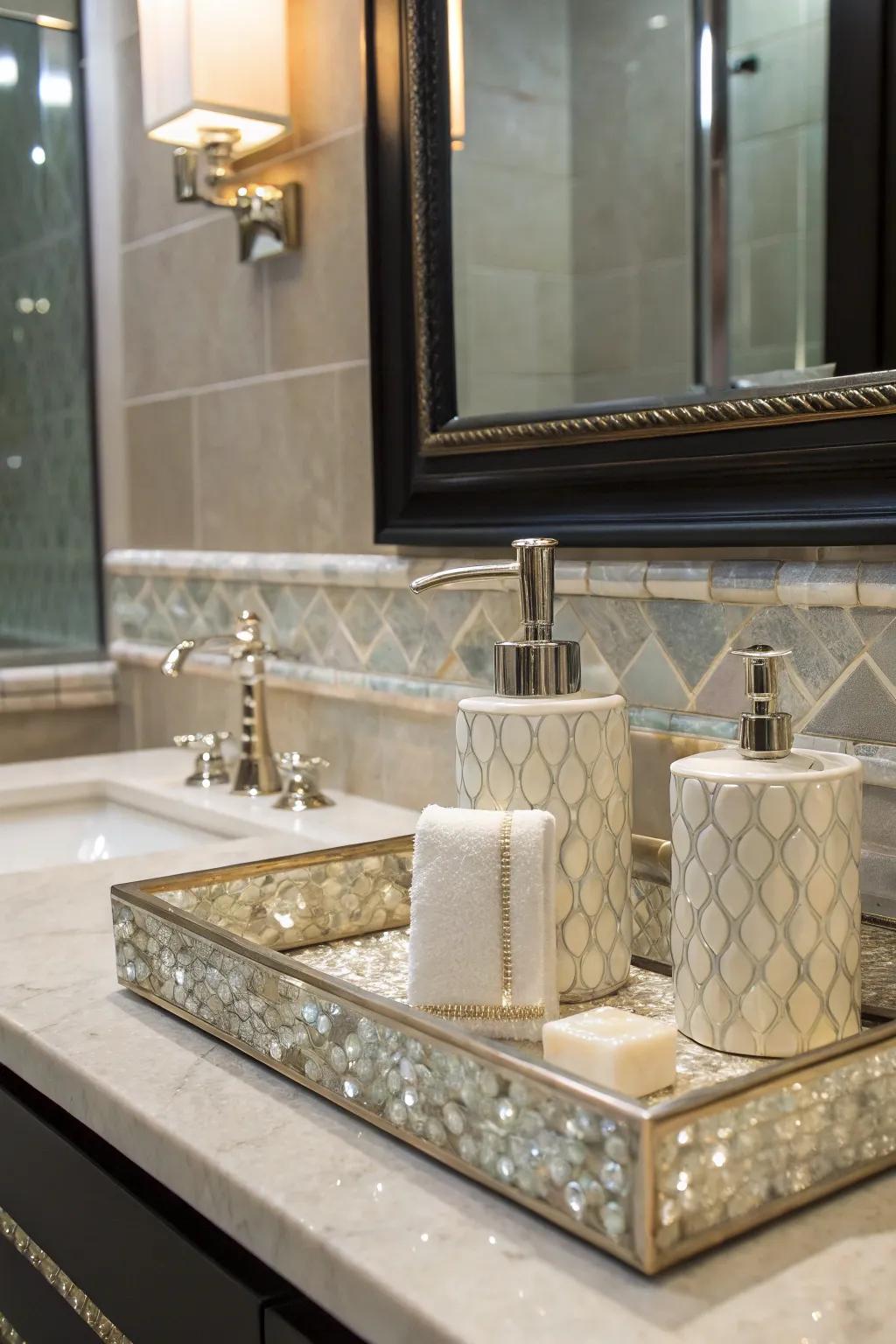 A mother of pearl backsplash imparts glamour and functionality to your vanity area.