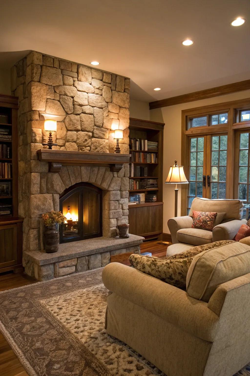 A rock hearth forms the core element within this intimate gathering space.