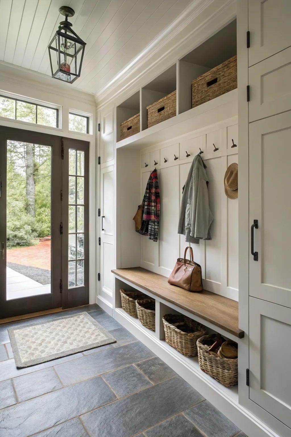 A smooth transition from the foyer to the mudroom.
