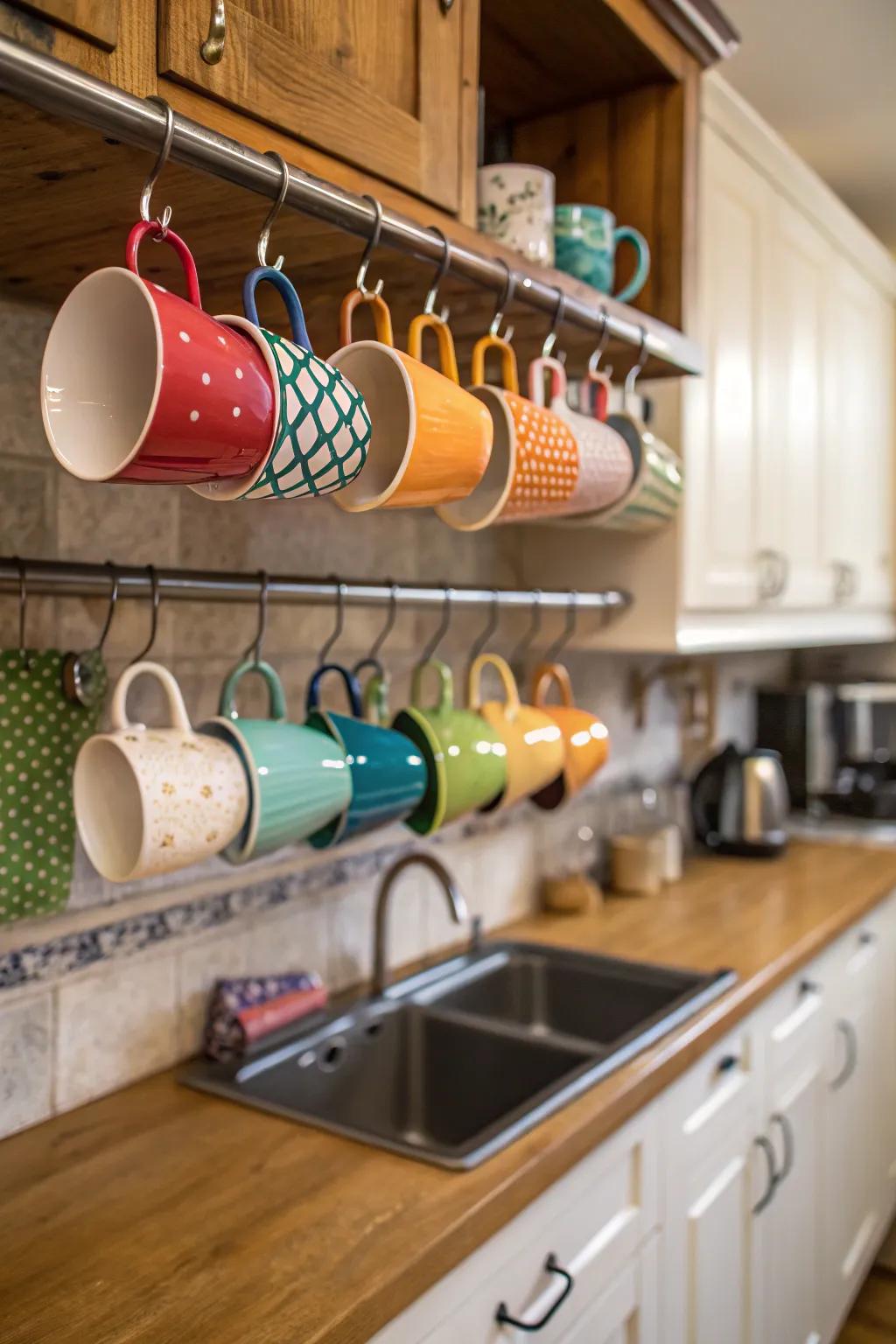 Maximize space by suspending mugs beneath your shelves.