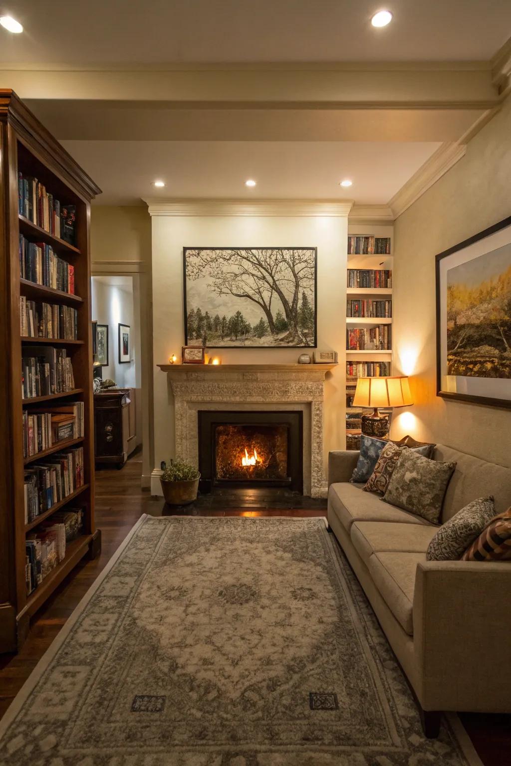 A narrow living space enhanced by a central focal point that elevates the room's appeal.