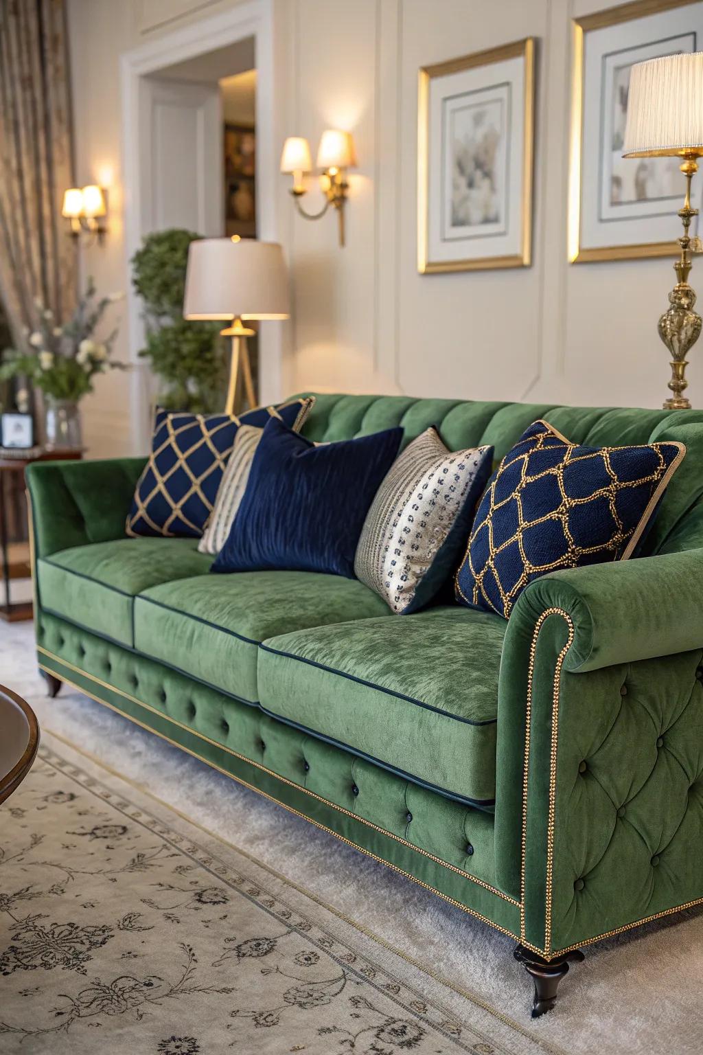 Verdant plush seating makes a daring impression in a sophisticated living space.