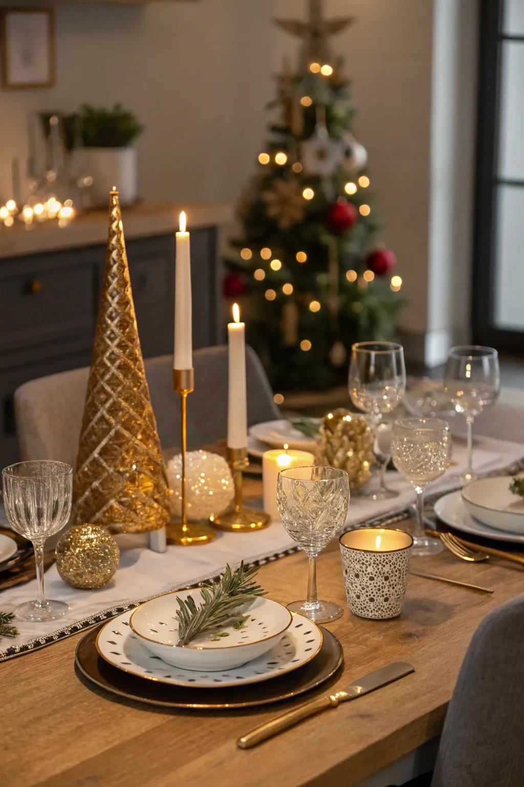 A refined table arrangement perfect for celebrating New Year's Eve.