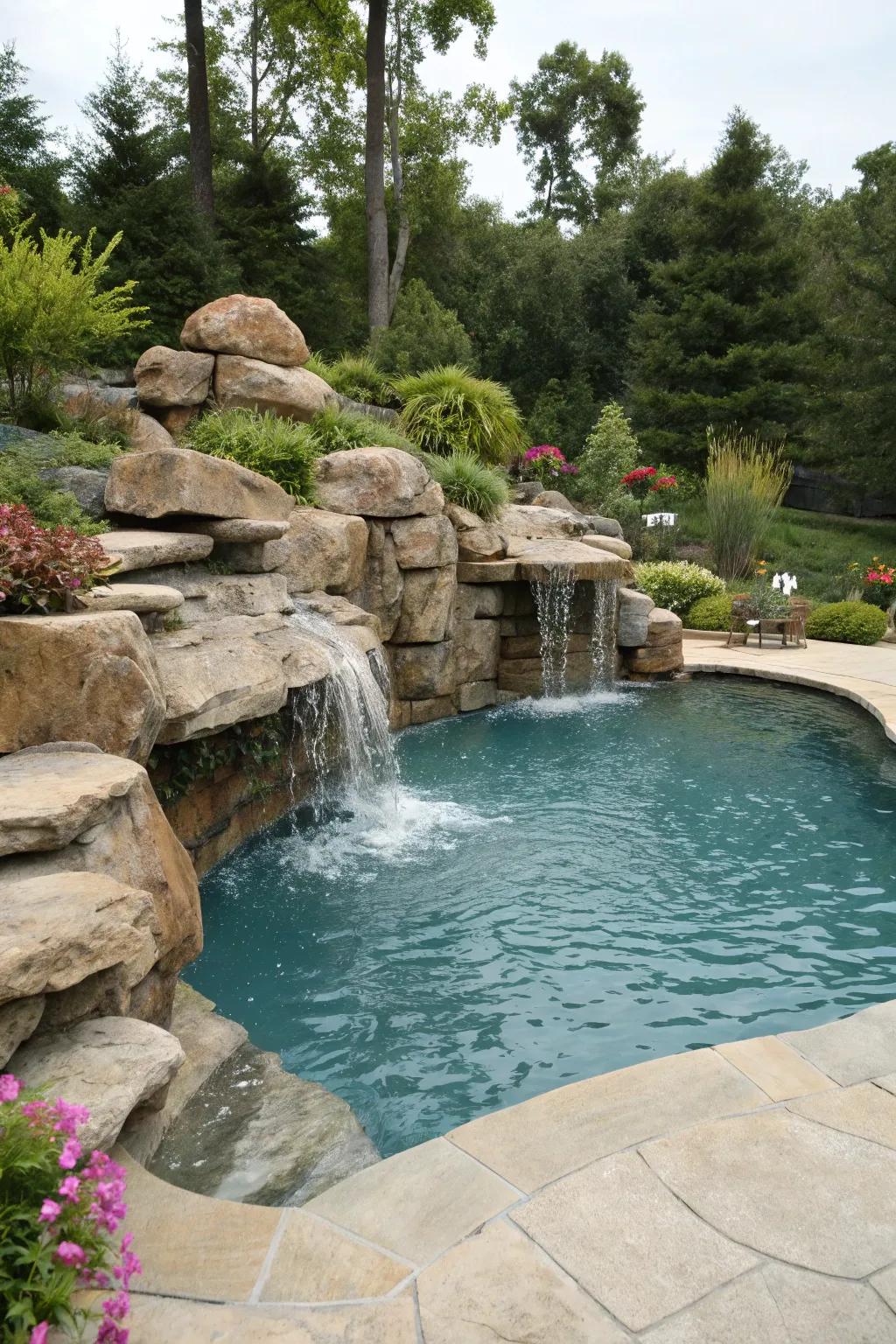 A pool showcasing natural rock formations and a cascade, producing a serene and organic sanctuary.