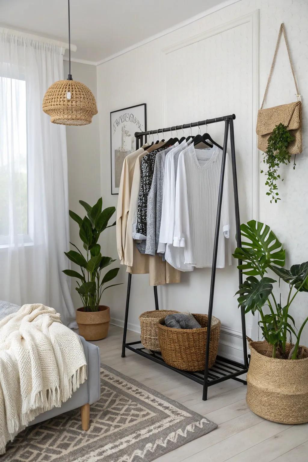 Elegant clothing rack featured in a contemporary bedroom setup