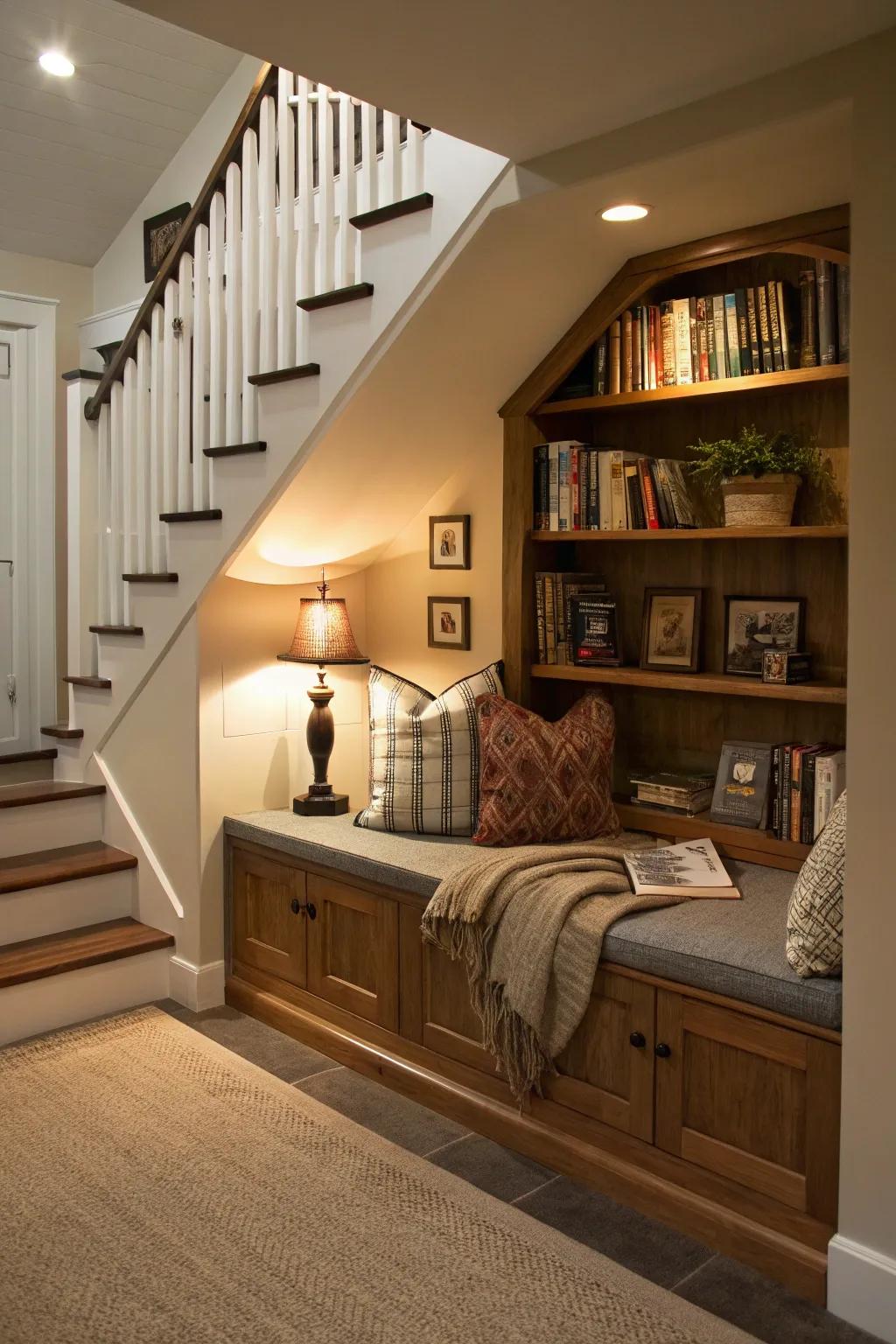 A nook under the stairs provides a secluded retreat with comfortable seating and lots of book storage.