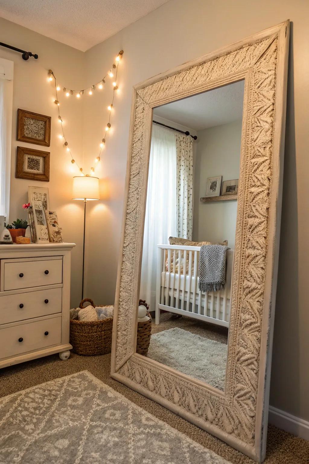 A textured reflector with a distinctive frame takes center stage in this nursery.