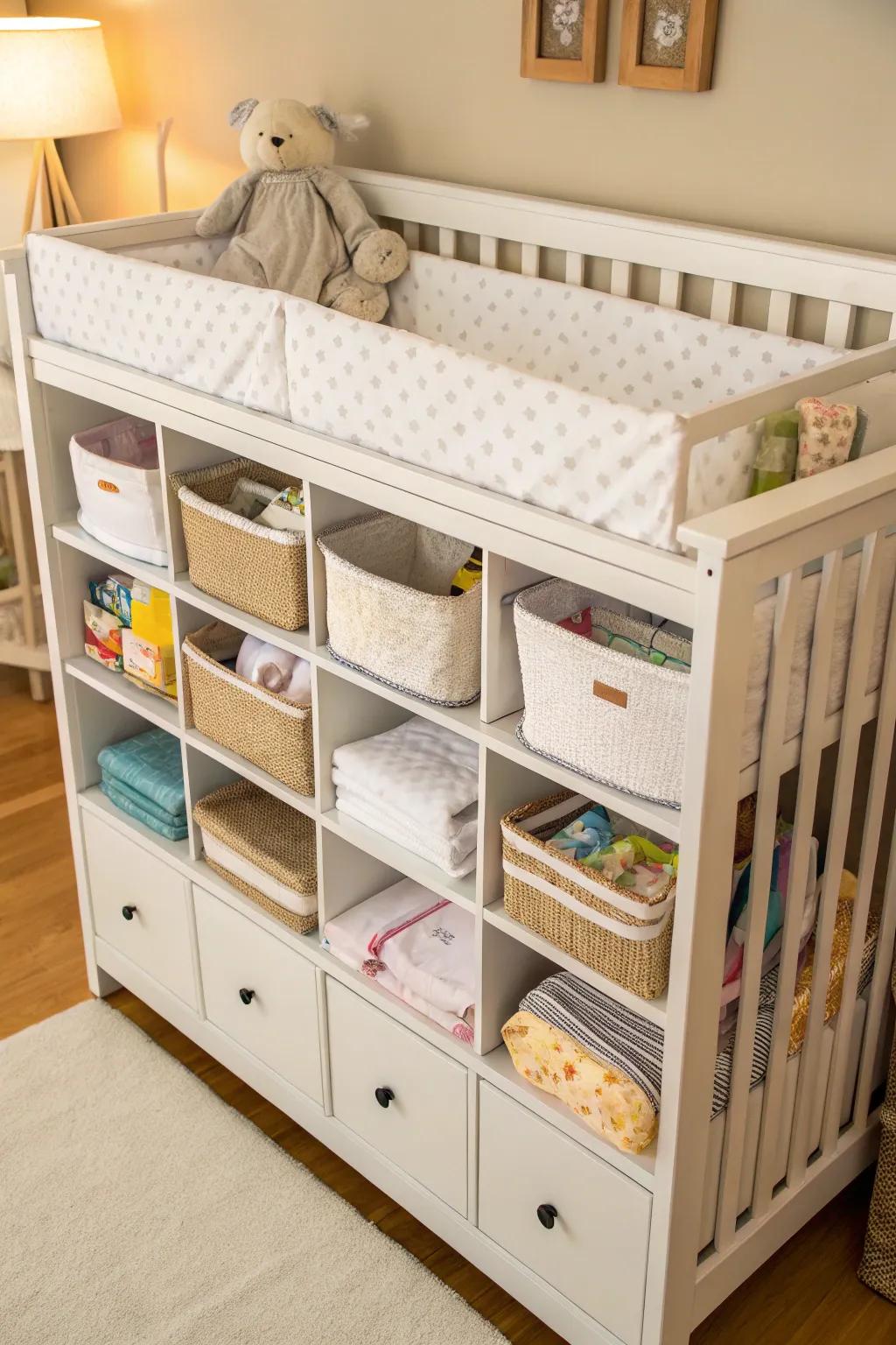 A versatile baby bed equipped with storage drawers, ideal for optimizing room.