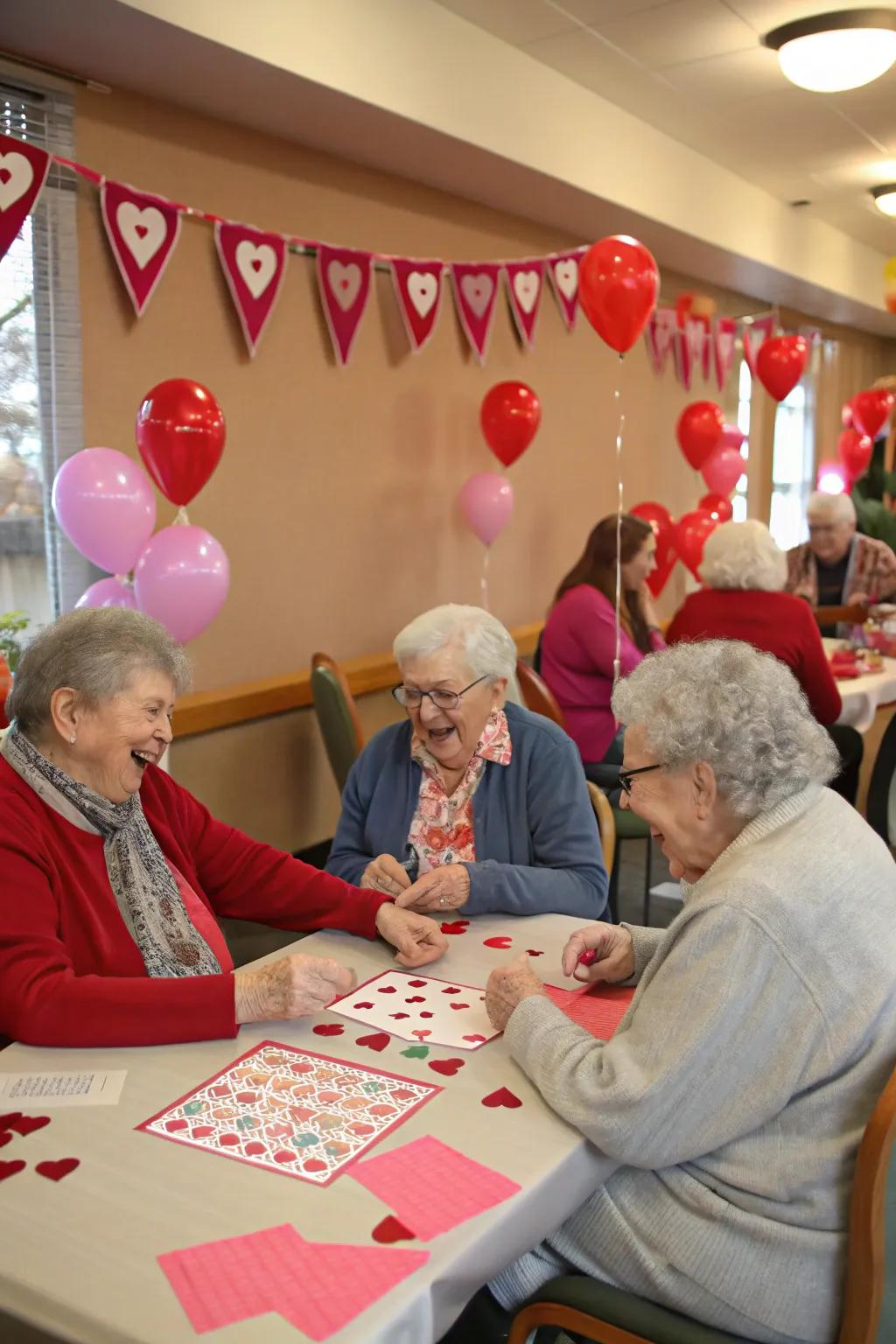 Residents enjoying a Valentine's-inspired bingo game.