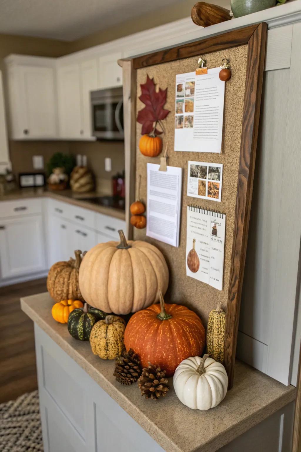 A kitchen corner bulletin board reimagined as a pumpkin patch.