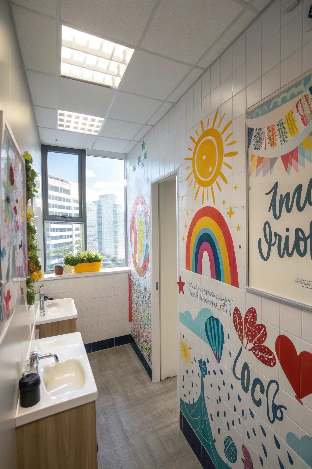 Mural display contributes personal charm and dynamic energy to the office lavatory.
