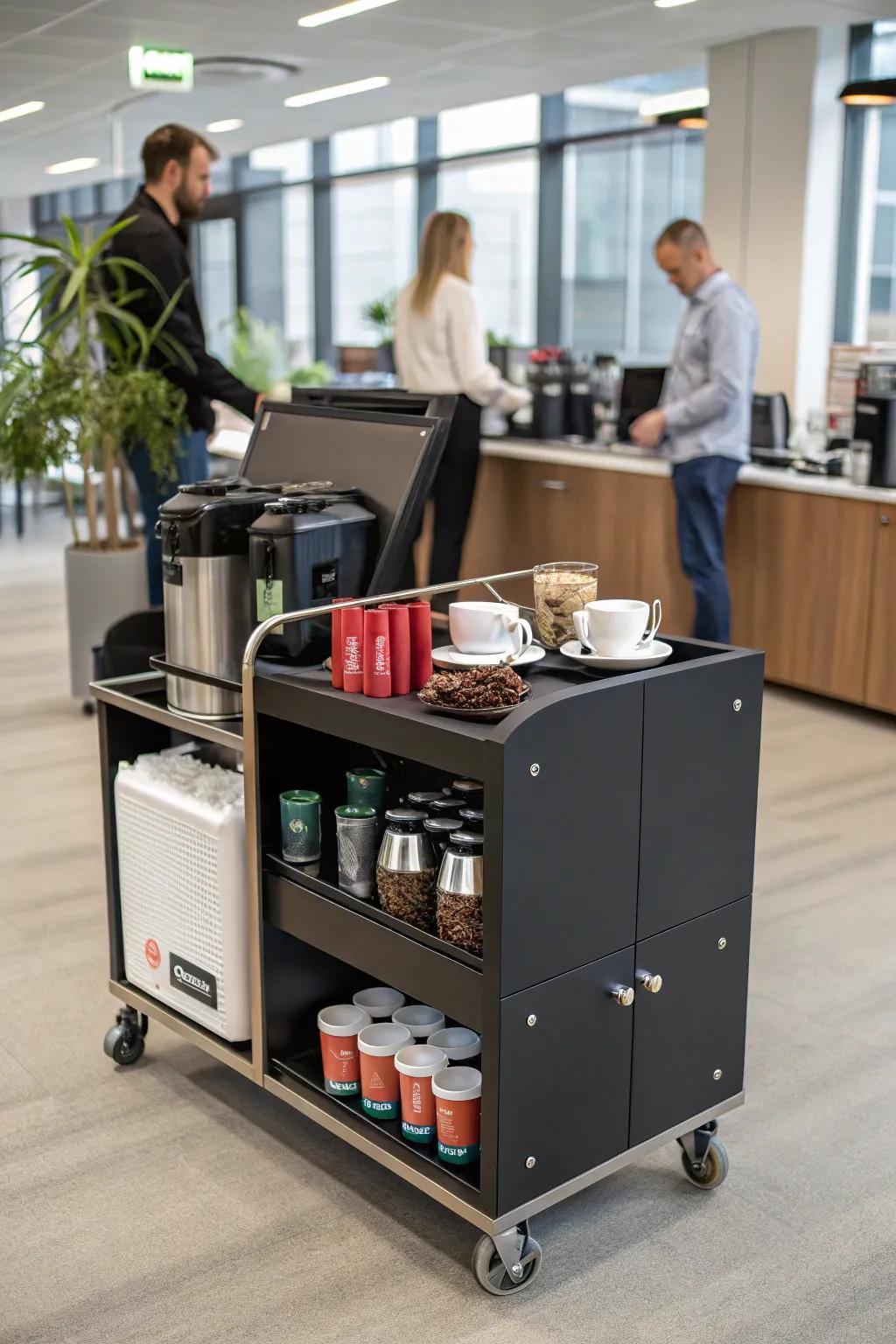A mobile coffee station adds flexibility and elegance to your workspace.