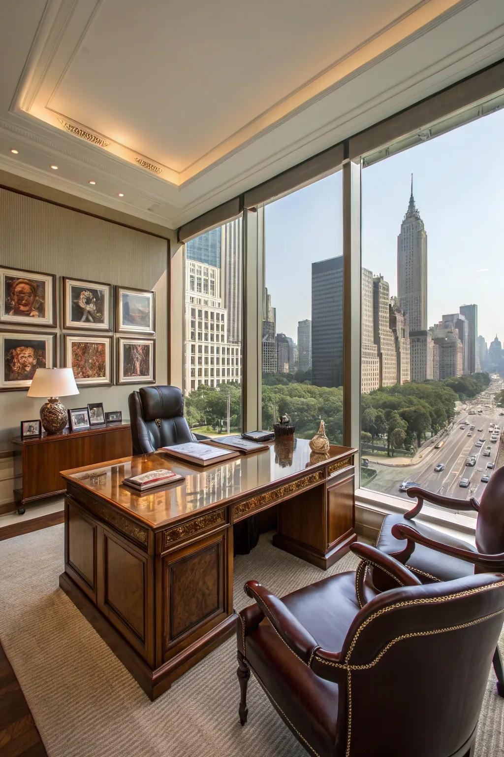 A private, high-end executive office overlooking city vistas.