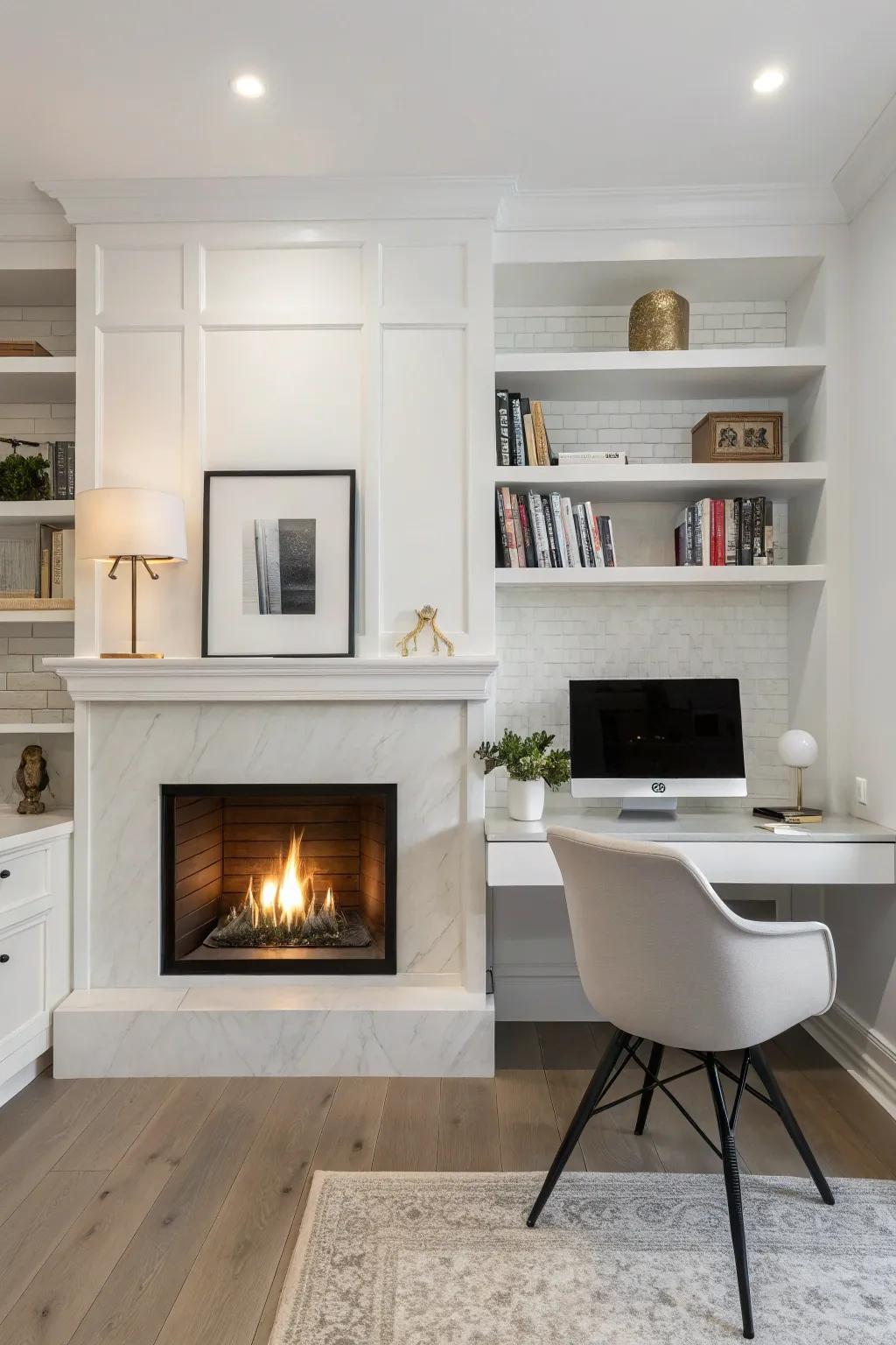 A minimalist fireplace accentuates modern office aesthetics.