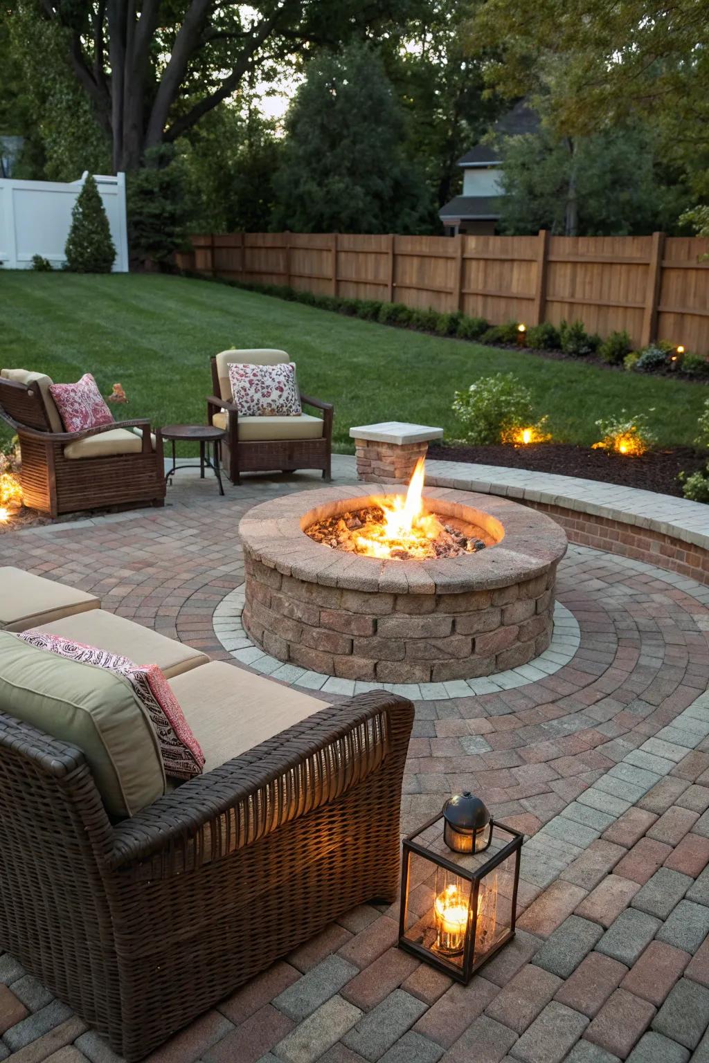 An inviting bonfire spot transforms this brick patio into a nighttime sanctuary