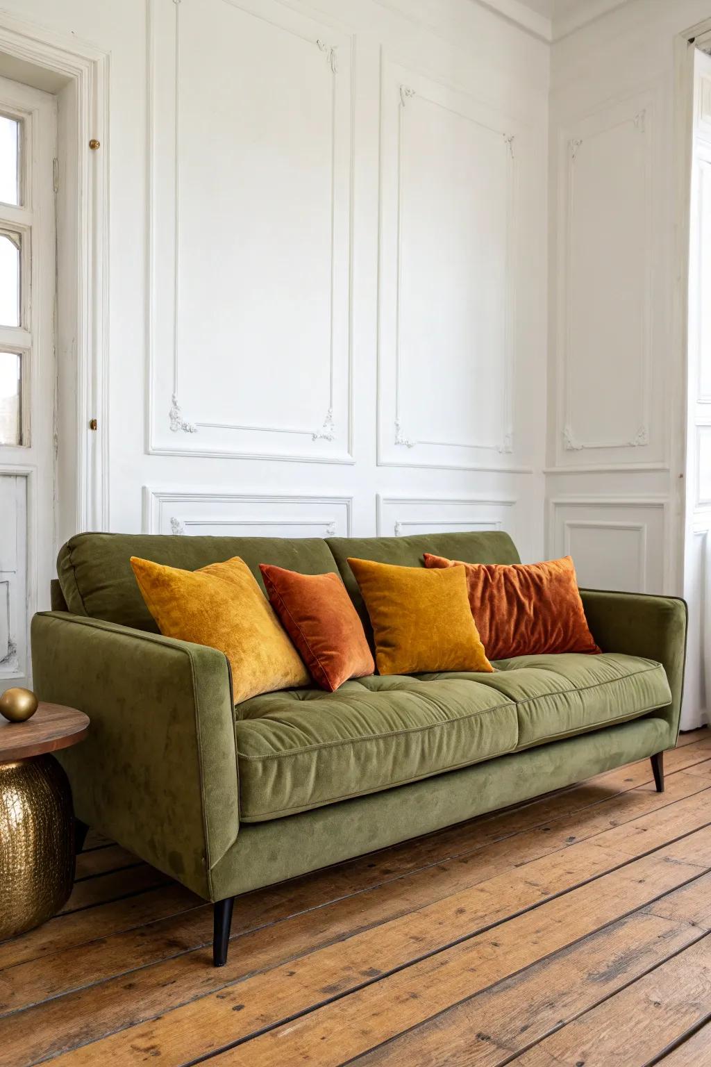Striking pillows provide a vibrant contrast to the evergreen couch.