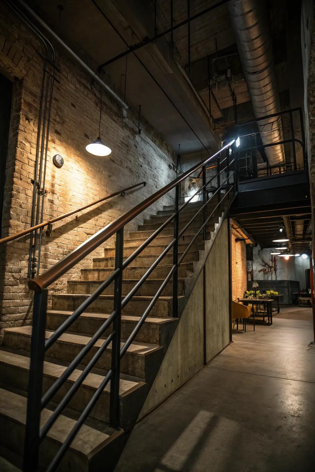 Industrial metal pipes introduce a chic urban atmosphere to your stairway.