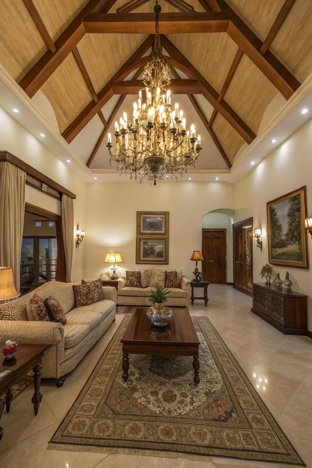 A family area boasting a spectacular soaring ceiling and refined light.