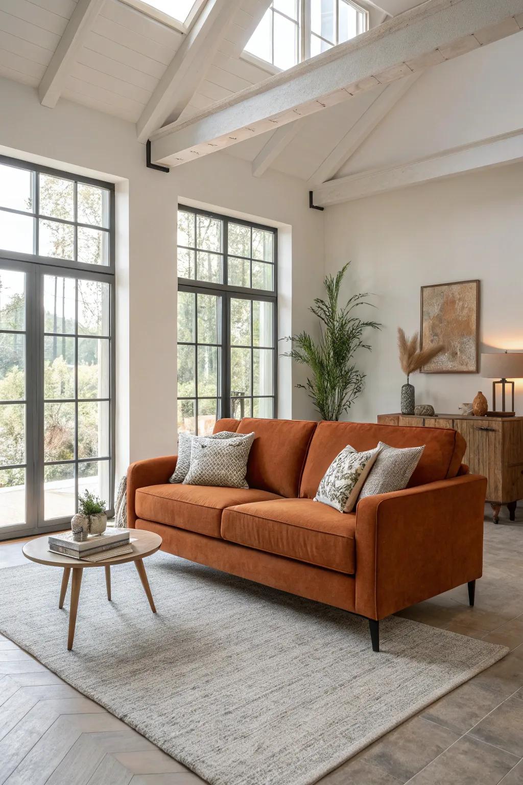 A rustic orange couch commands attention, adding both warmth and flair to the living space.
